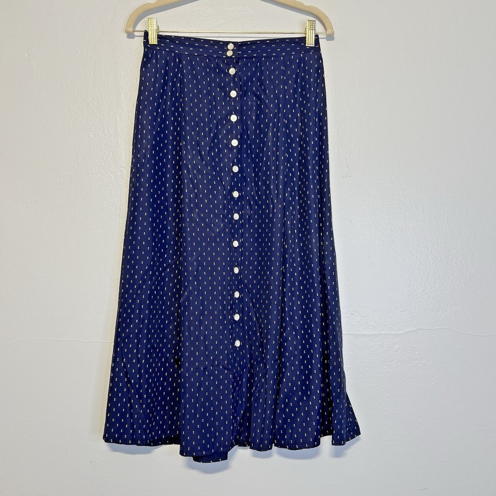 Vintage Tofy Midi Skirt Flared Button Front Navy w/White Polka Dots Womens 8 90s
